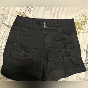 Black Distressed Mid-Rise Shorts